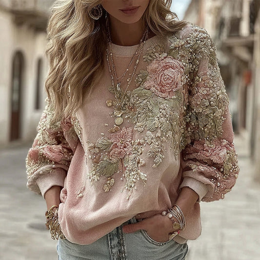 Women's Retro Pink Floral Art Cozy Crew Neck Sweatshirt elevenforest