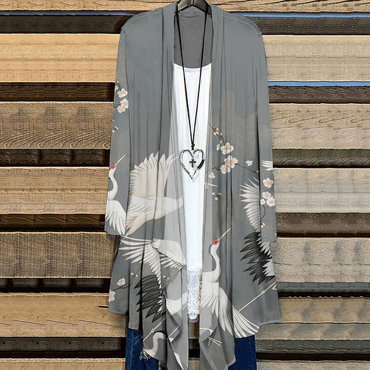 Crane Print Long Sleeve Casual Cardigan elevenforest