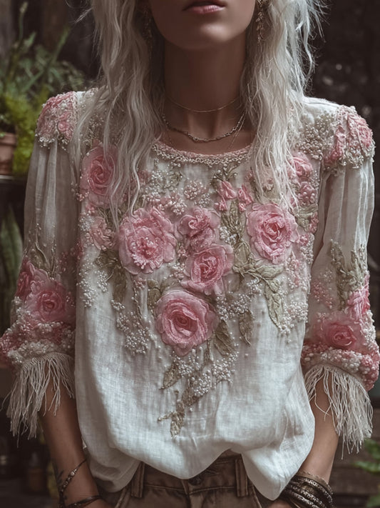 Bohemian Three-dimensional Floral Embroidery Casual Vintage Long-sleeved Shirt elevenforest
