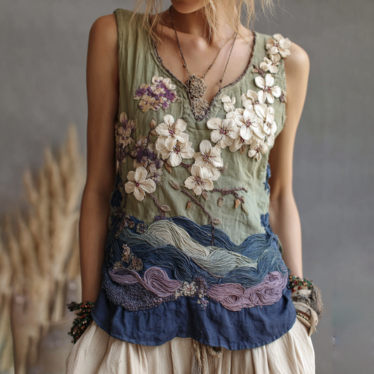 Classy Gradient Japanese Sakura Cherry Blossoms And Sea Wave Embroidered Pattern Linen Tank Top elevenforest