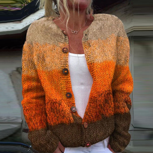 Autumn Gradient Stripe Print Knitted Cardigan elevenforest