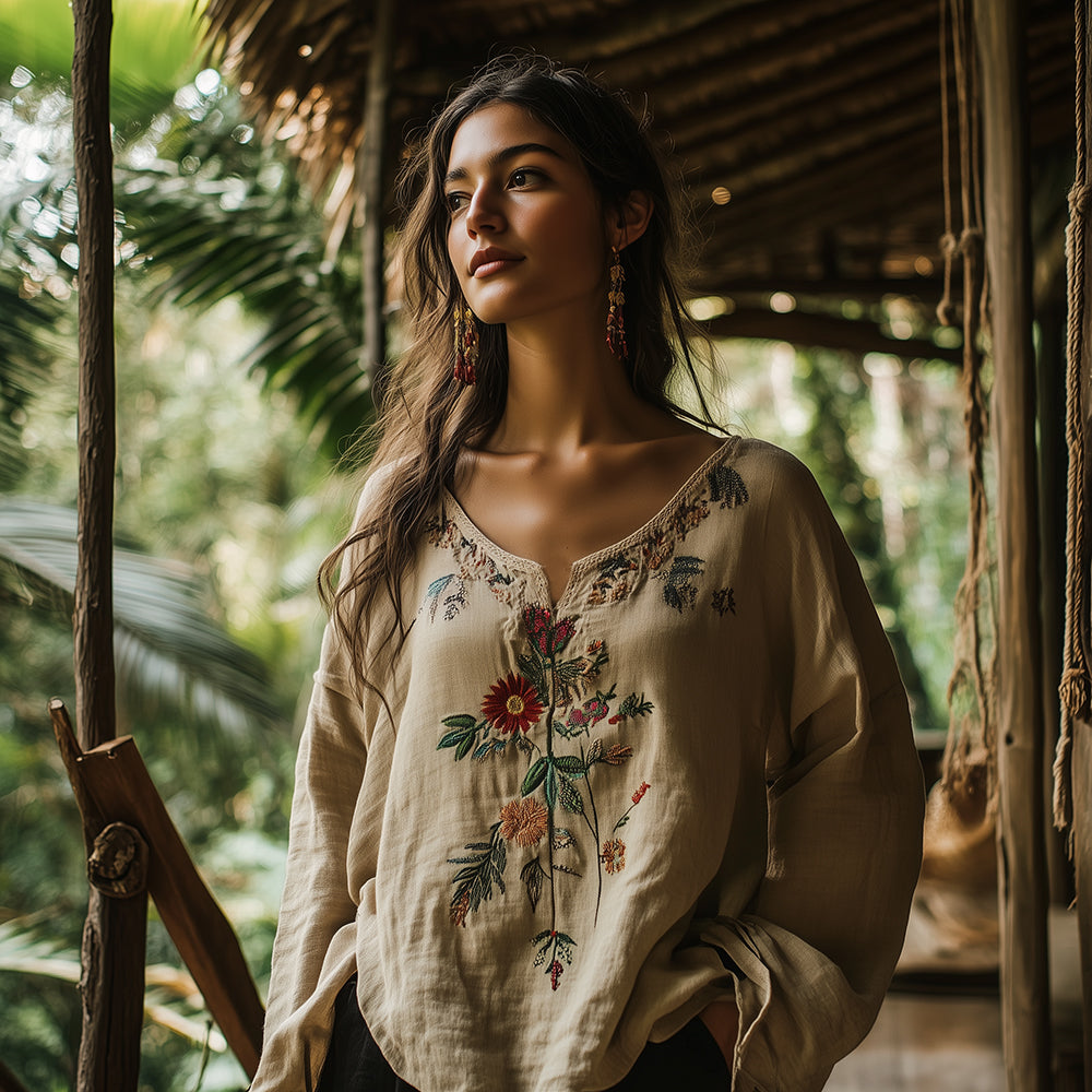 Vintage Tribal Ethnic Embroidered Linen Casual Shirt elevenforest
