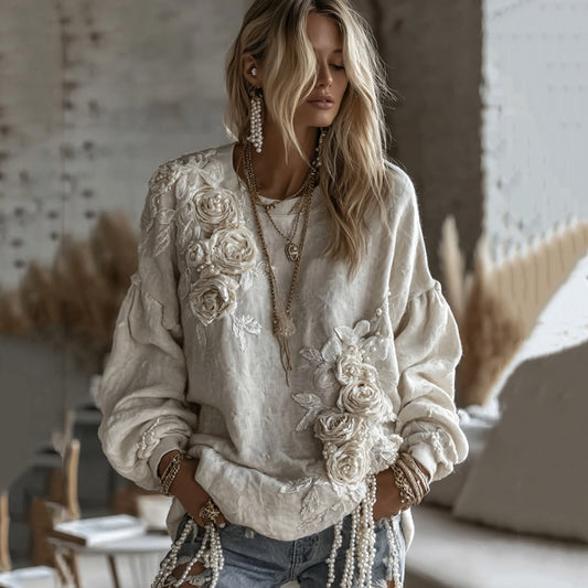Women's Retro Floral Art Cozy Crew Neck Sweatshirt elevenforest