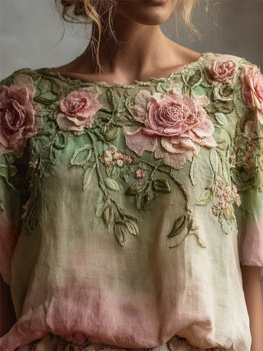 Vintage Pink Roses Vines Gradient Linen Tunic elevenforest