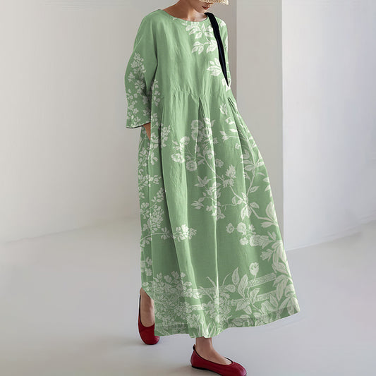Vintage Japanese Floral Art Pattern Flowy Linen Maxi Dress elevenforest