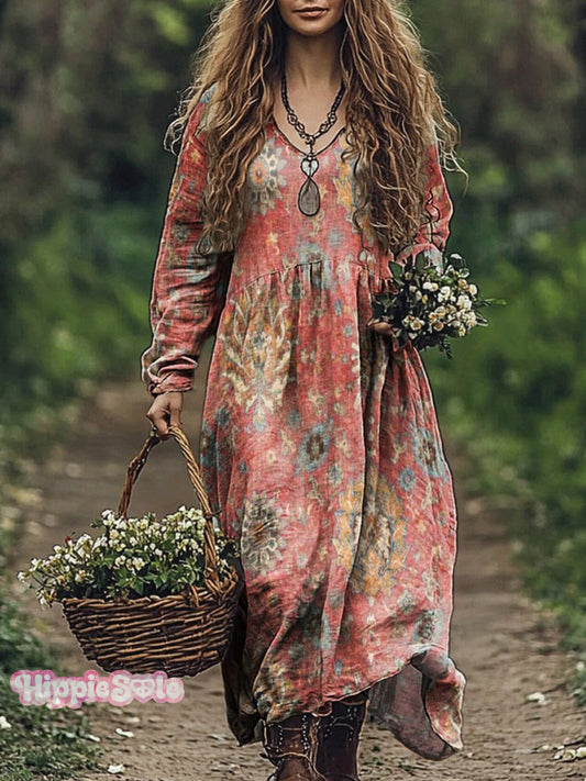 Women's Bohemian Ethnic Pattern Print V Neck Pocket Cotton Dress