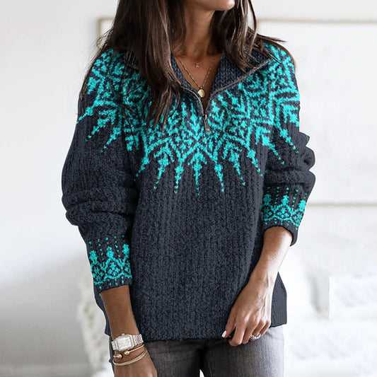 Vintage Fairman Island Geometric Knitted Jacquard Zipper Stand Collar Sweater elevenforest