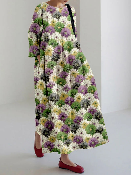 Vintage Japanese Flower Art Linen Blend Maxi Dress elevenforest