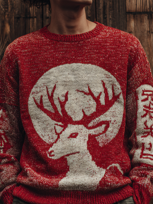 Men's Japanese Art Retro Style Christmas Fun Reindeer Design Round Neck Knit Sweater elevenforest
