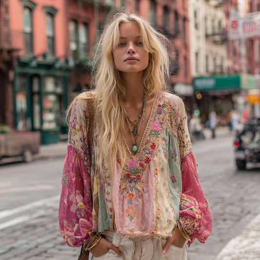 Women's Floral Embroidery Art Boho Colorblock Linen Blend V-neck Shirt