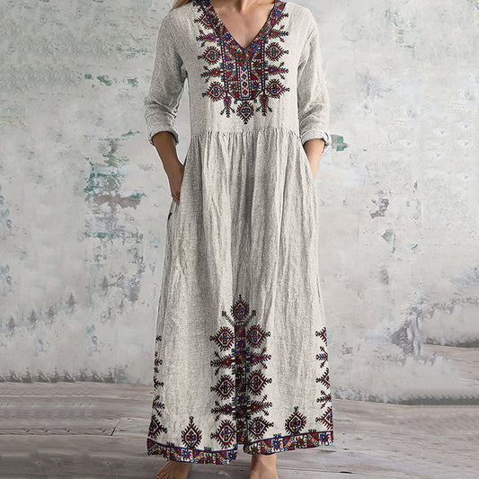Vintage Cretan Pattern V-neck Linen Blend Midi Dress elevenforest