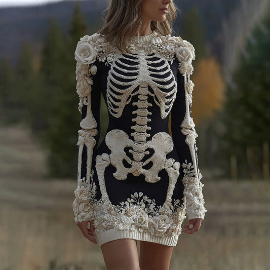 Comstylish Women's Halloween Skeleton Bones With Rose Art Cozy Knit Mini Sweater Dress