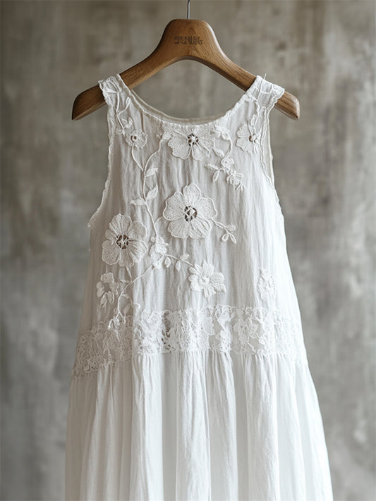Classy Flowers Embroidered Lace Linen Tank Dress elevenforest