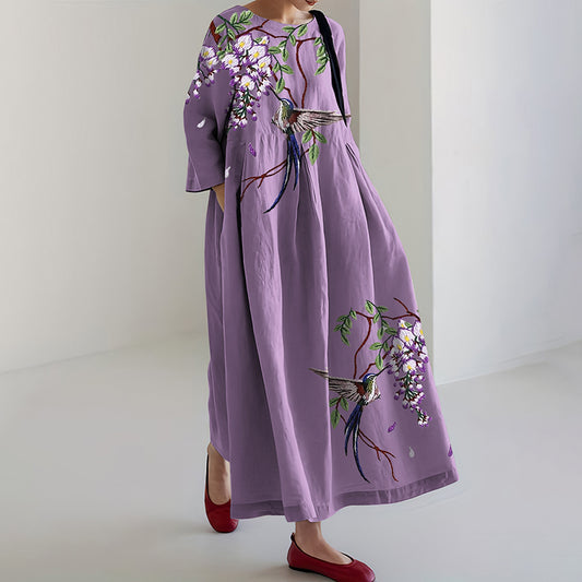 Comstylish Flower And Bird Embroidery Art Print Loose Midi Dress