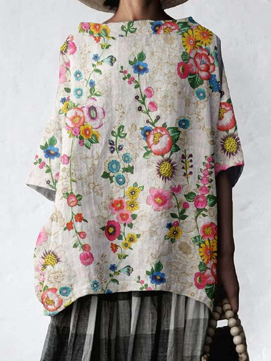 Women's Elegant Floral Round Neck Cotton and Linen Top