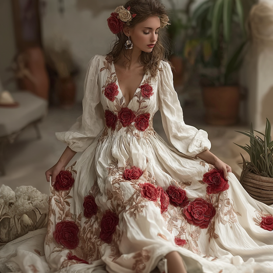Bohemian Style Red Rose Retro Cotton And Linen Woman's V-neck Dress elevenforest