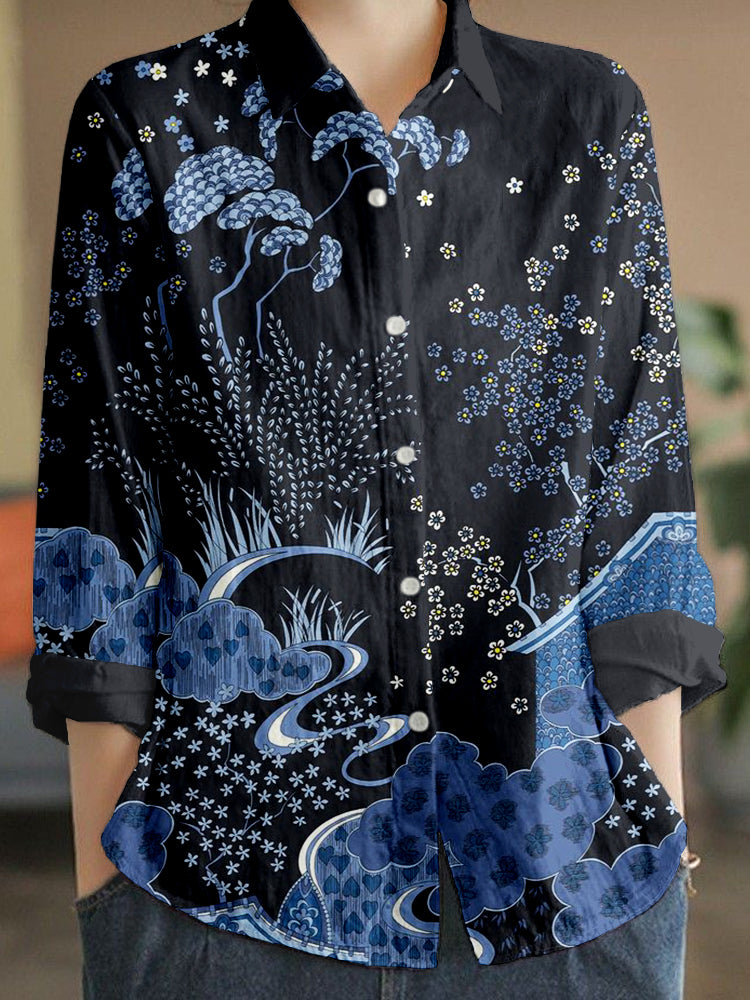 Comstylish Japanese Traditional Pattern Linen Blend Comfy Blouse