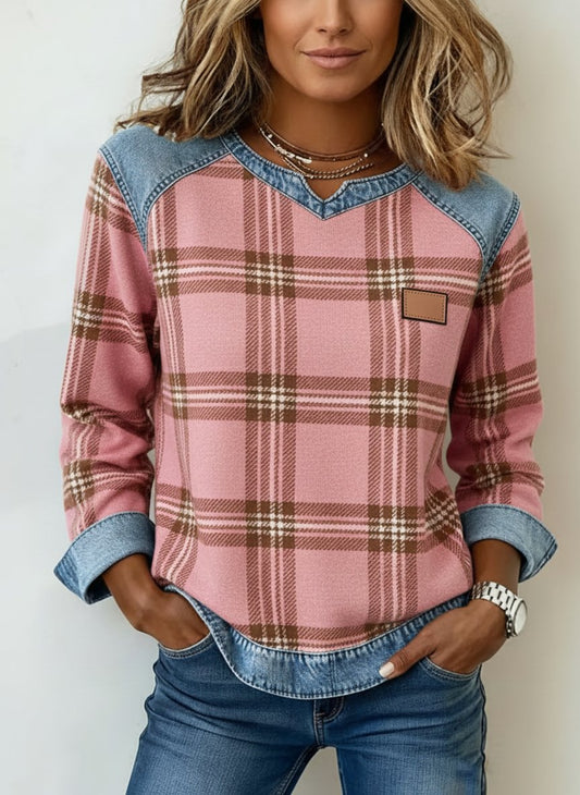 Women'S Casual V Neck Denim Patchwork Plaid Print Pullover Sweatshirt 
