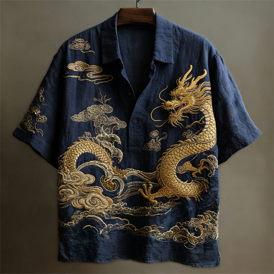 Japanese Dragon Totem Art Linen Short Sleeve Shirt elevenforest