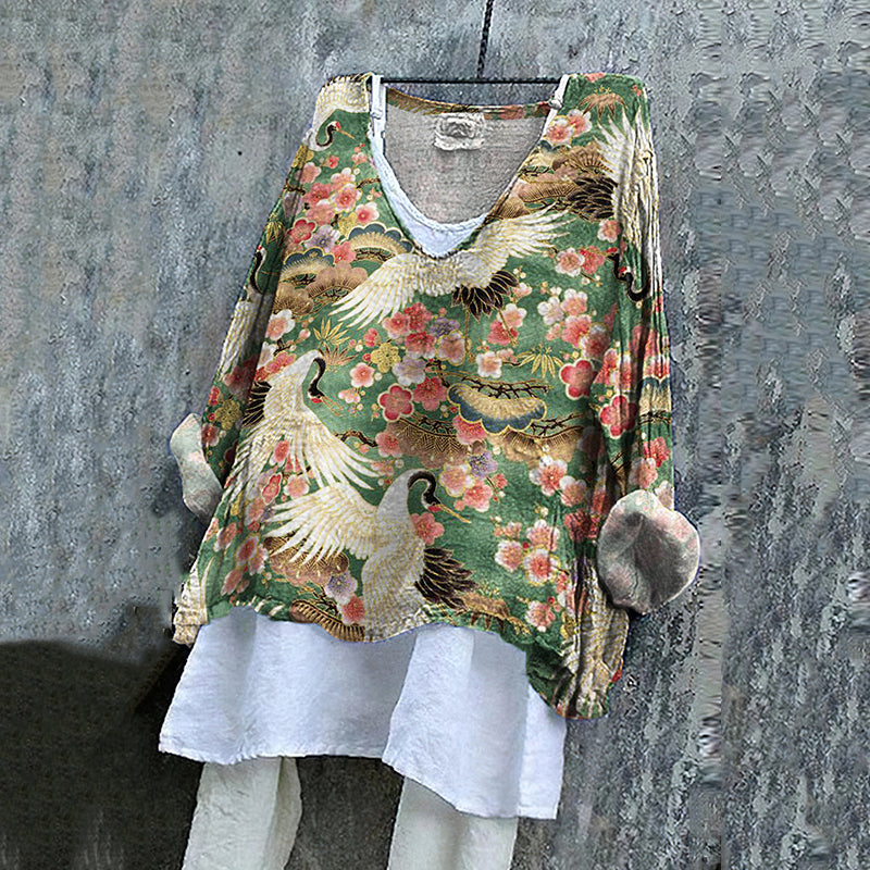 Comstylish Japanese Art Sakura Crane Print V-Neck Loose Blouse