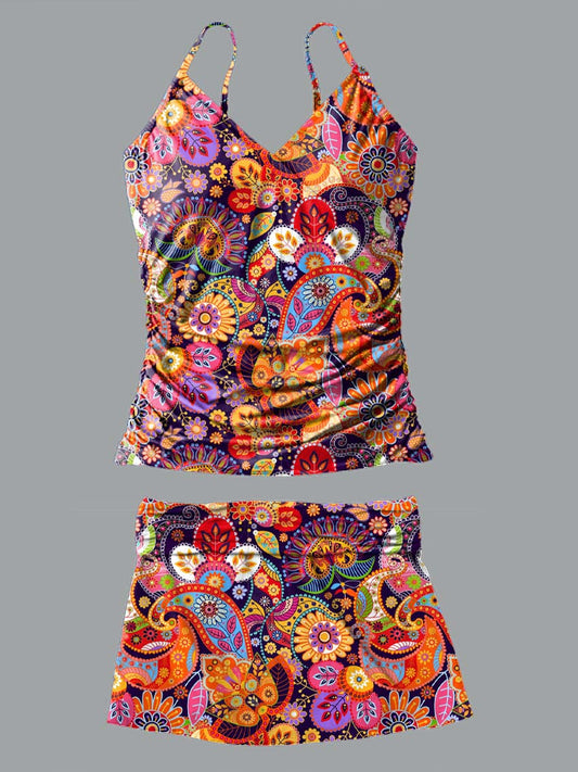 Women's Color Vintage Paisley Print Suspender Shirred Swimsuit Set