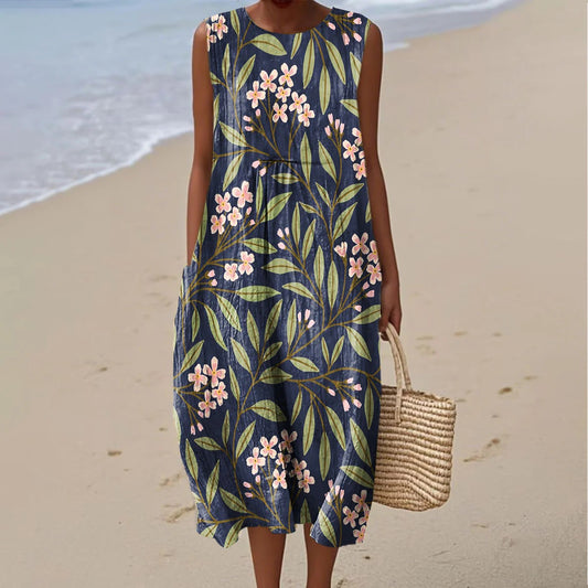 Women's Vintage Floral Art Print Sleeveless Dress elevenforest