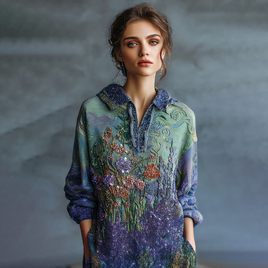 Women's Oil Painting Floral Contrast Color Sequined Button Polo Shirt