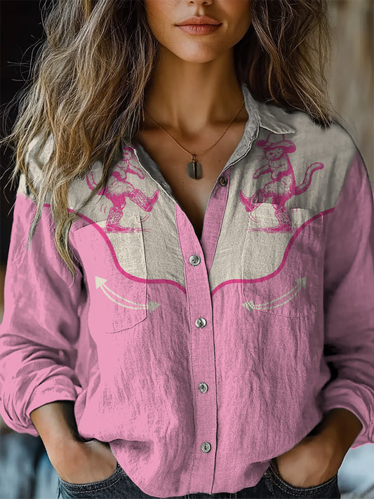 Western Cowgirl Cat Graphic Printed Women's Casual Long Sleeve Comfort