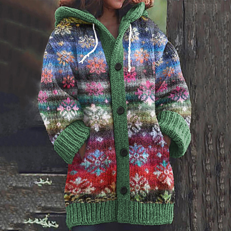Cotton Hooded Cardigan with Rainbow Gradient Floral Ombré Design
