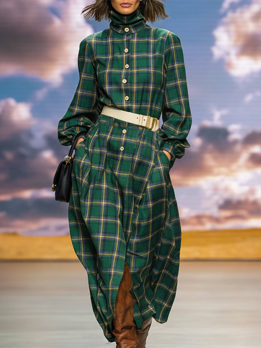 Retro Fashion High Collar Button Green Plaid Maxi Dress