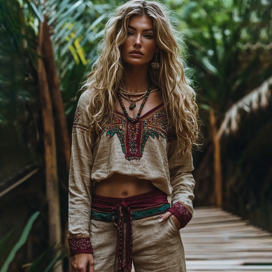 Vintage Tribal Ethnic Style Embroidered Linen V-neck Shirt elevenforest