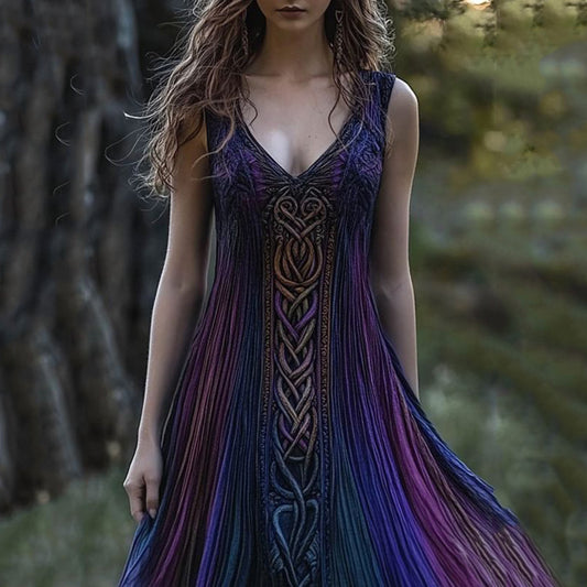 Vintage Viking Pattern Gradient Casual V Neck Tank Dress elevenforest