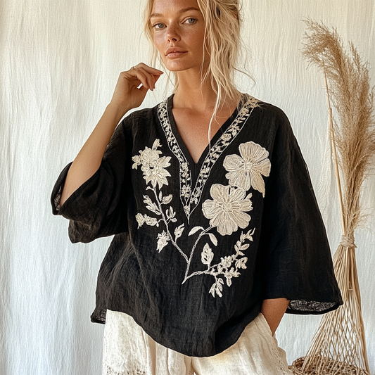 Women's Vintage Floral Pattern Cotton And Linen V-neck Comfort Shirt elevenforest