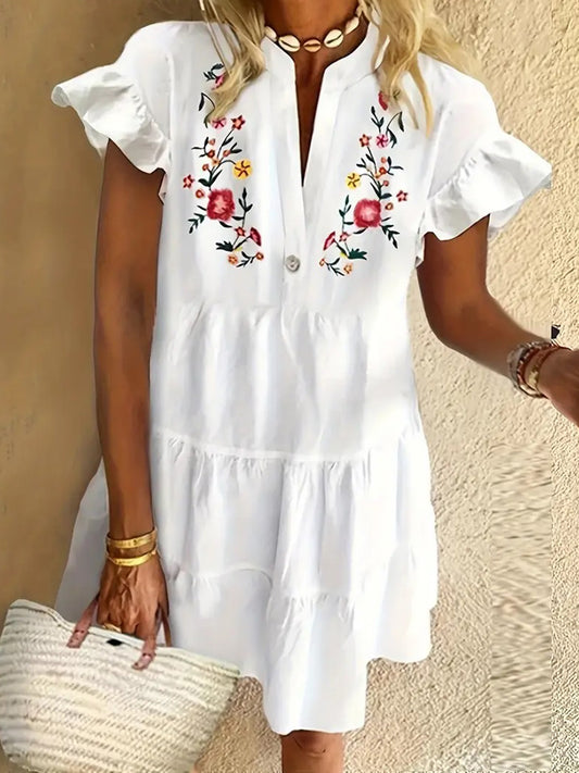 Retro Small Print Ruffled Short-sleeved V-neck Buttoned Dress Vacation Beach Dress