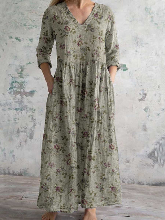 Women's Elegant Floral V-Neck Cotton Dress