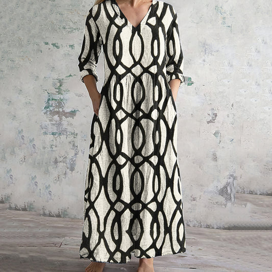 Geometric Print V-neck Linen Blend Midi Dress elevenforest