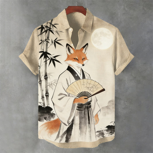 Japanese Fox Pattern Vintage Men's Linen Short Sleeve Shirt elevenforest