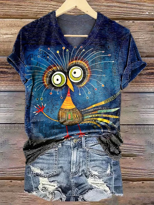 Women's Whimsical Bird Print V Neck T-Shirt