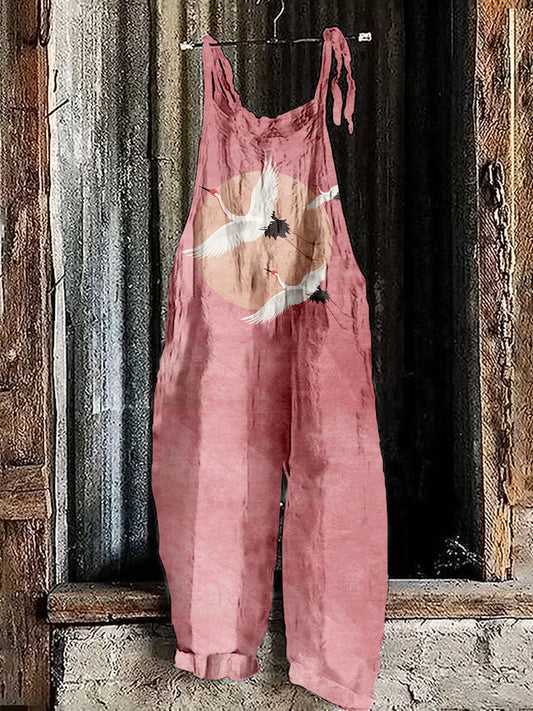 Flying Cranes Japanese Art Linen Blend Jumpsuit elevenforest