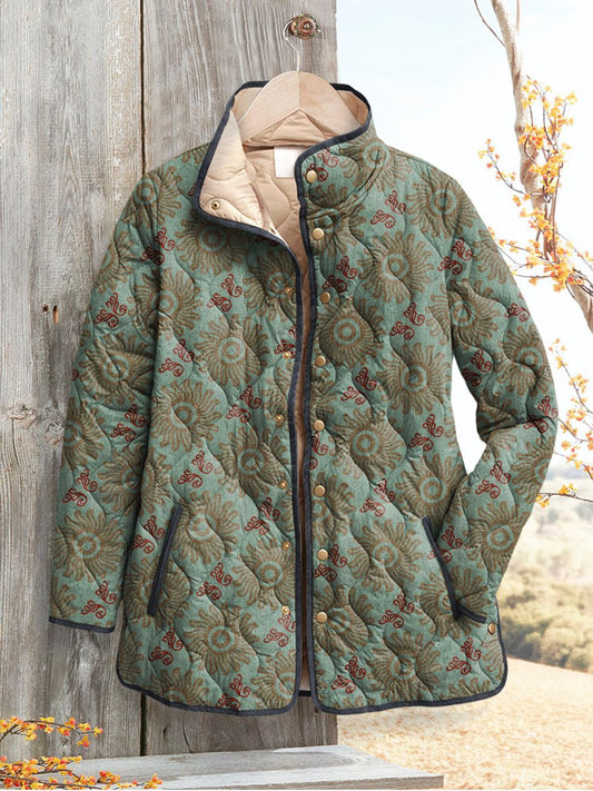 Retro Sun Repeat Pattern Printed Women's Casual Quilted Cardigan
