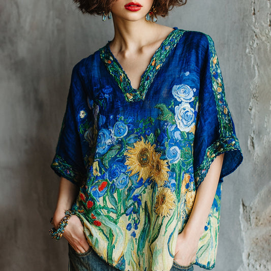 Women's Vintage Oil Painting Flower Art V-neck T Shirt