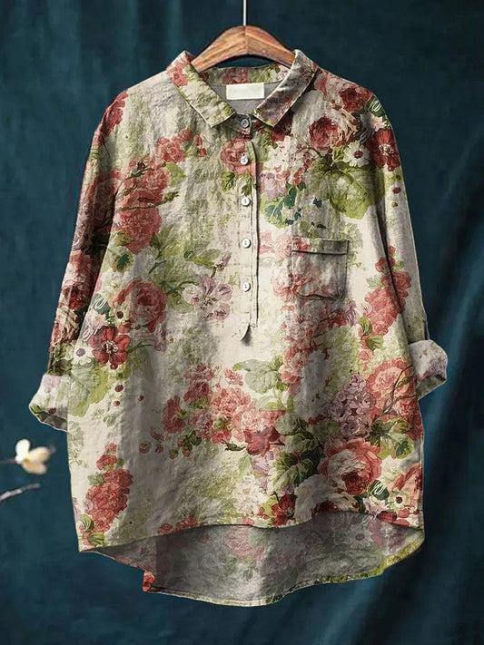 Comstylish Women's Vintage Floral Art Print Casual Cotton And Linen Shirt