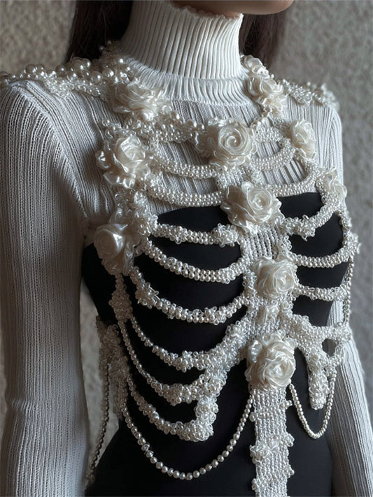 Comstylish Classy Roses Skeleton Pearls Lace Contrast Turtleneck Sweater