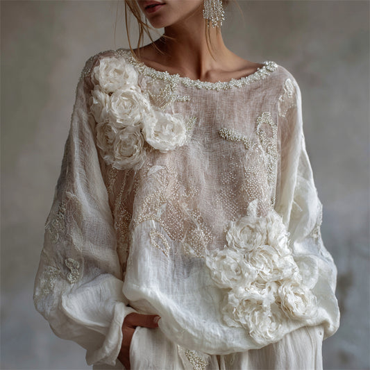 Classy White Roses Pearl Beaded Flowy Linen Tunic elevenforest
