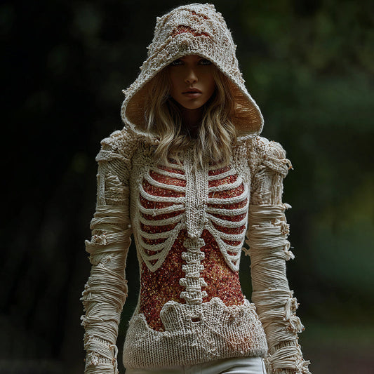 Comstylish Women's Halloween Skeleton Bandages Art Knit Hooded Sweater