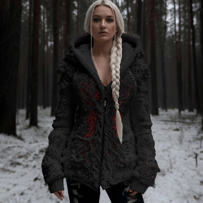 Women's Viking Tree Of Life Cable Knit Zip-up Hooded Sweater artswardrobe