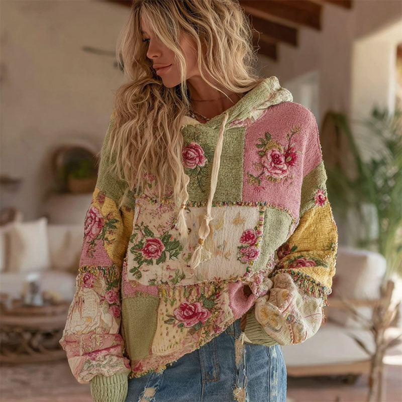 Women's Vintage Floral Patchwork Art Knit Jacquard Hooded Sweater elevenforest
