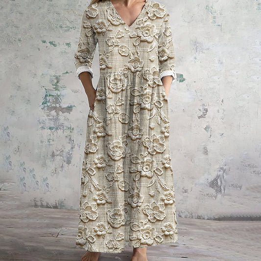 Women's Vintage Floral Art Cozy Linen Dress elevenforest