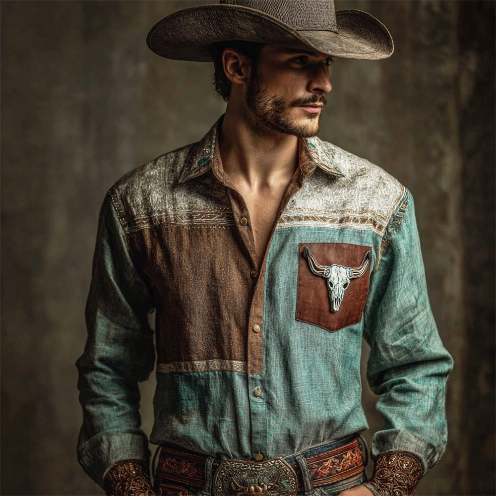 Western Bull Skull Leather Patchwork Men's Linen Long Sleeve Shirt elevenforest