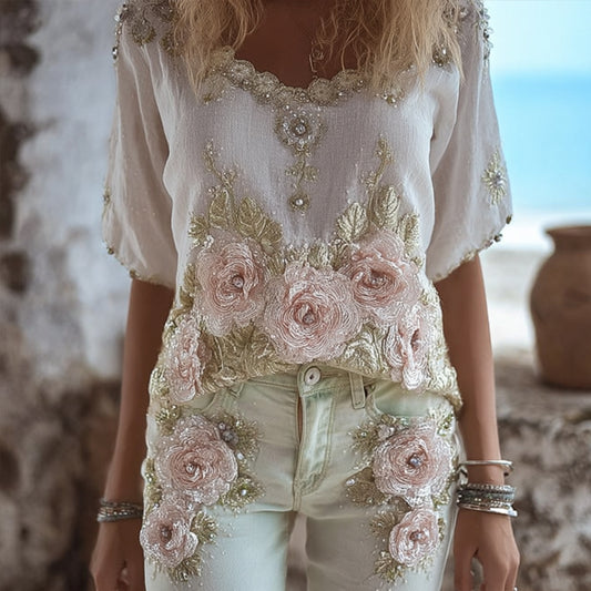 Women's Vintage Flower Embroidery V-neck Short-sleeved Shirt elevenforest